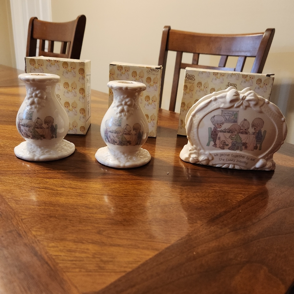 Napkin and a pair of candle holders
